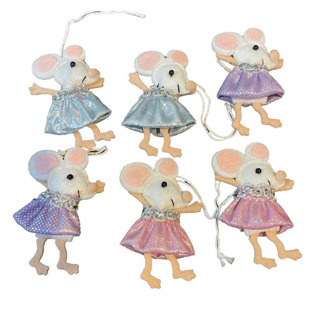 Mouse Mice Fabric Felt Glittery‎ Dresses Ornaments Mini Christmas Set Of 6 NEW